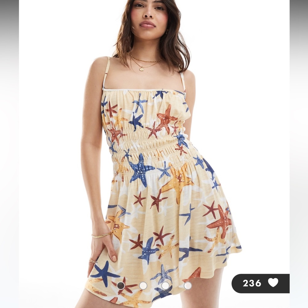 ASOS DESIGN square neck cami shirred bodice mini dress in starfish print